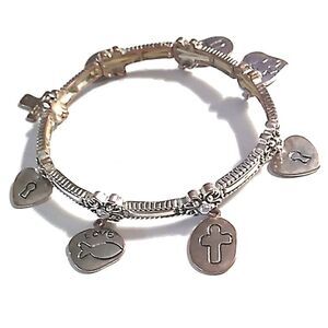 Inspirational Cross, Heart, Fish Stretch Silver-tone Charm Bracelet